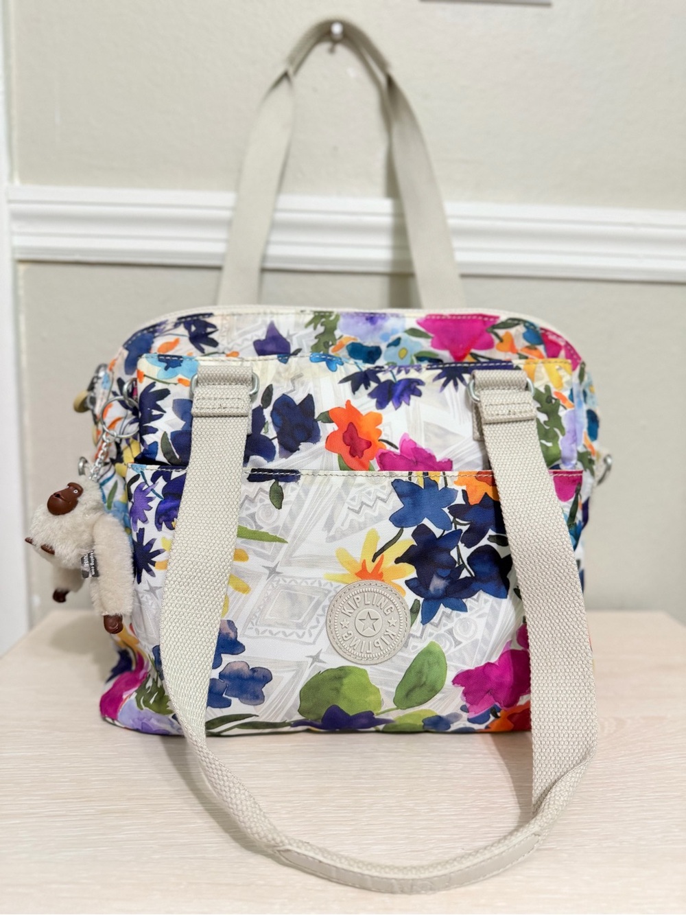 Kipling Cream Floral Canvas Shoulder Bag with Multicolor Blooms